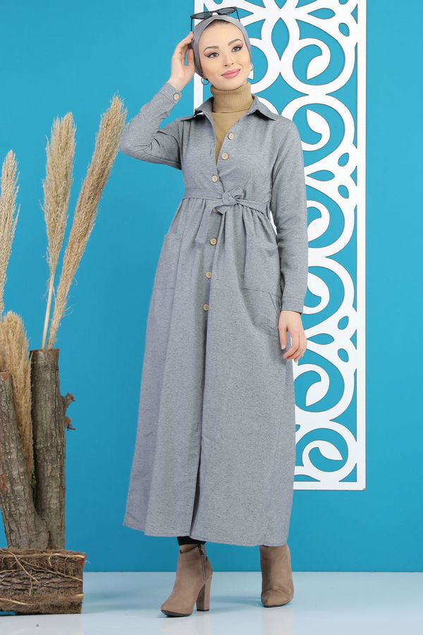Kuşaklı Elbise Gri - 7872 Gri - 7872 GRİ