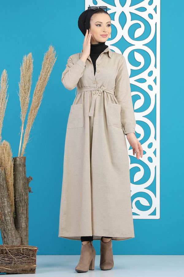 Kuşaklı Elbise Siyah  Bej - 7872 BEJ