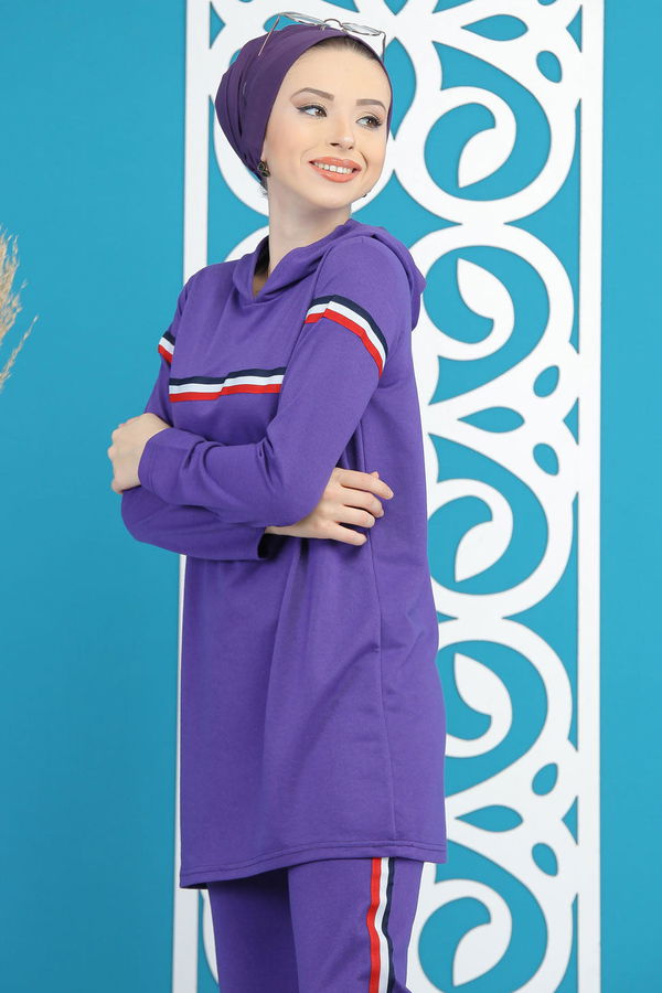 Şeritli Tunik Pantolon Siyah  Mor - 7791 MOR