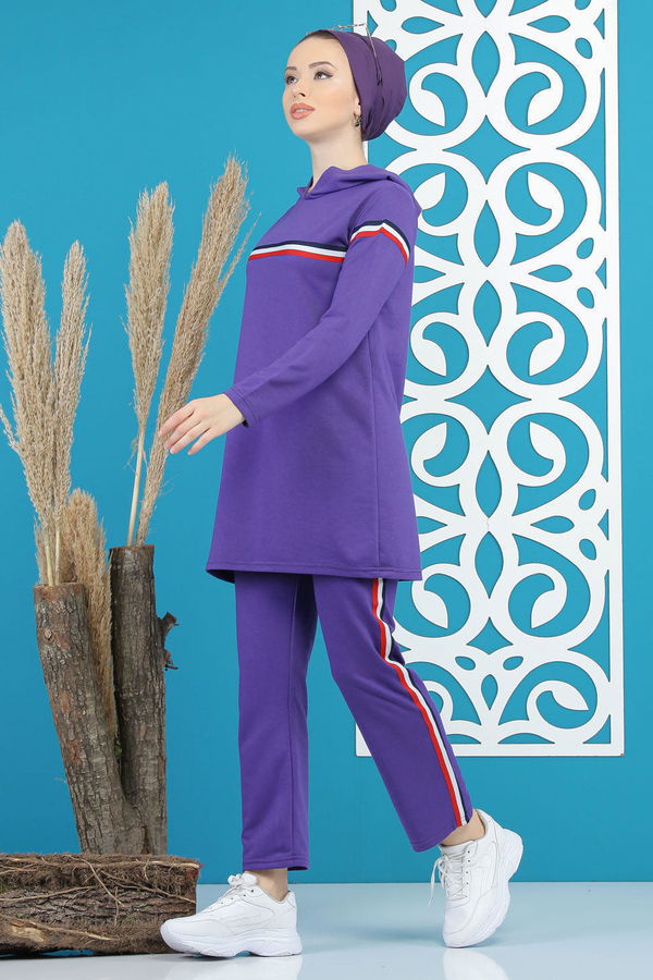 Şeritli Tunik Pantolon Siyah  Mor - 7791 MOR