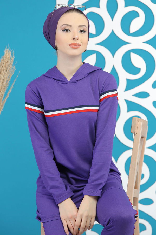 Şeritli Tunik Pantolon Siyah  Mor - 7791 MOR