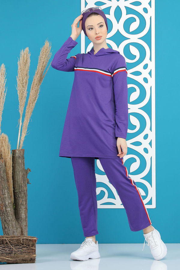 Şeritli Tunik Pantolon Siyah  Mor - 7791 MOR