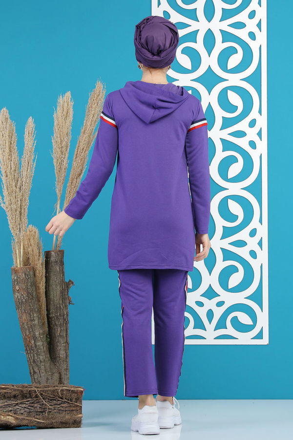 Şeritli Tunik Pantolon Siyah  Mor - 7791 MOR