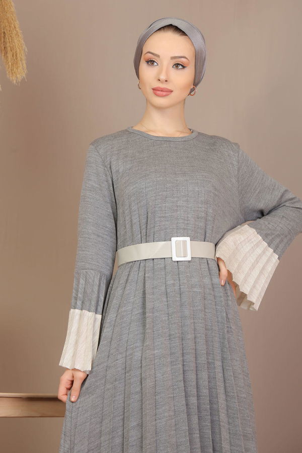 Pliseli Elbise Kemer Taba  Gri - 7910 GRİ