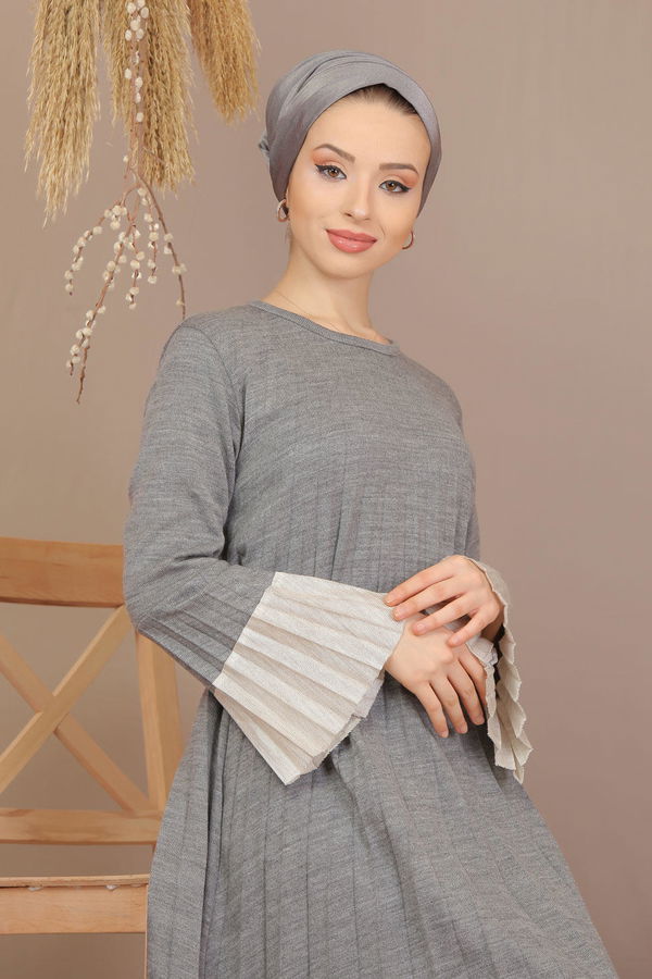 Pliseli Elbise Kemer Taba  Gri - 7910 GRİ