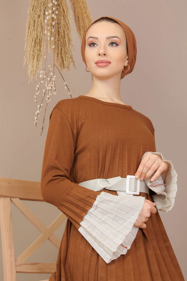 Pliseli Elbise Kemer Taba  Taba - 7910