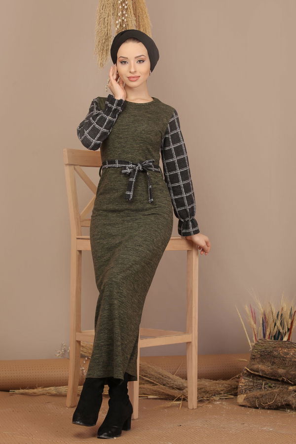 Kuşaklı Elbise Siyah  Haki - 7905 HAKİ