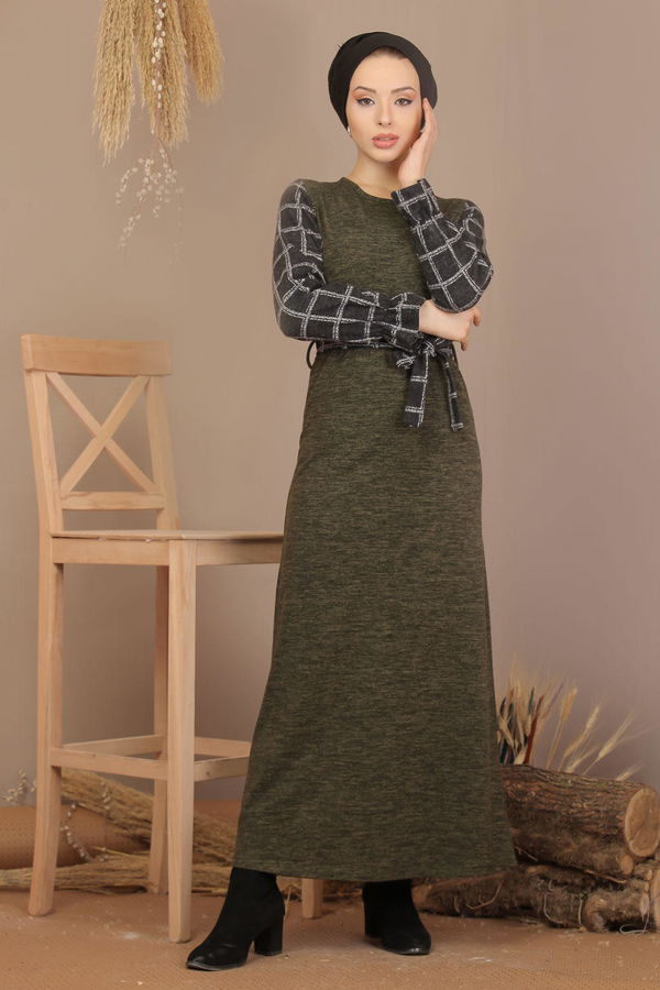 Kuşaklı Elbise Siyah  Haki - 7905 HAKİ
