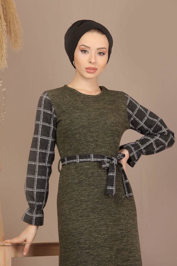 Kuşaklı Elbise Siyah  Haki - 7905 HAKİ