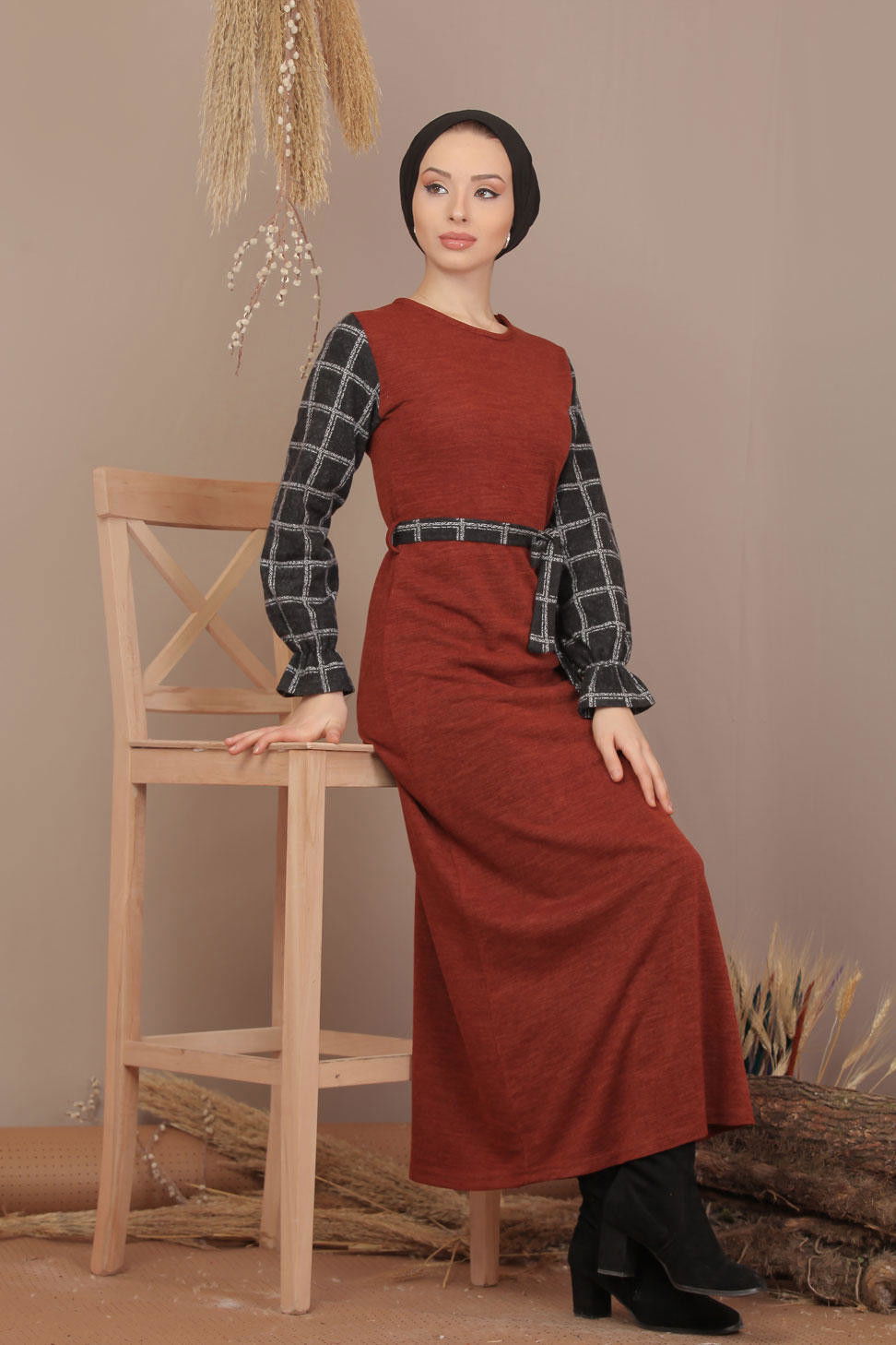 Kuşaklı Elbise Siyah  Kiremit - 7905 KİREMİT