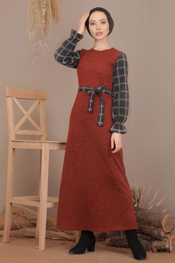 Kuşaklı Elbise Siyah  Kiremit - 7905 KİREMİT