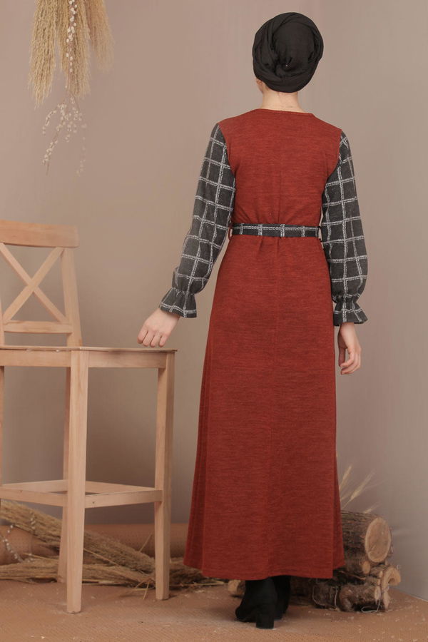 Kuşaklı Elbise Siyah  Kiremit - 7905 KİREMİT