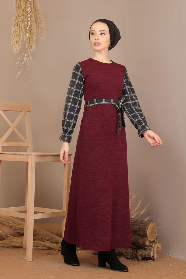 Kuşaklı Elbise Siyah  Bordo - 7905 BORDO