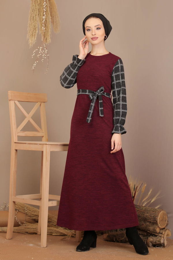 Kuşaklı Elbise Siyah  Bordo - 7905 BORDO
