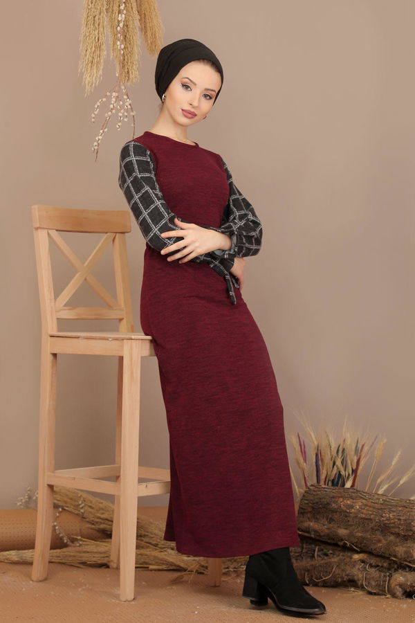 Kuşaklı Elbise Siyah  Bordo - 7905 BORDO