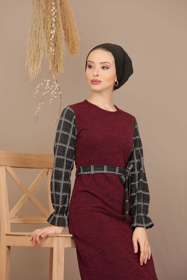 Kuşaklı Elbise Siyah  Bordo - 7905 BORDO