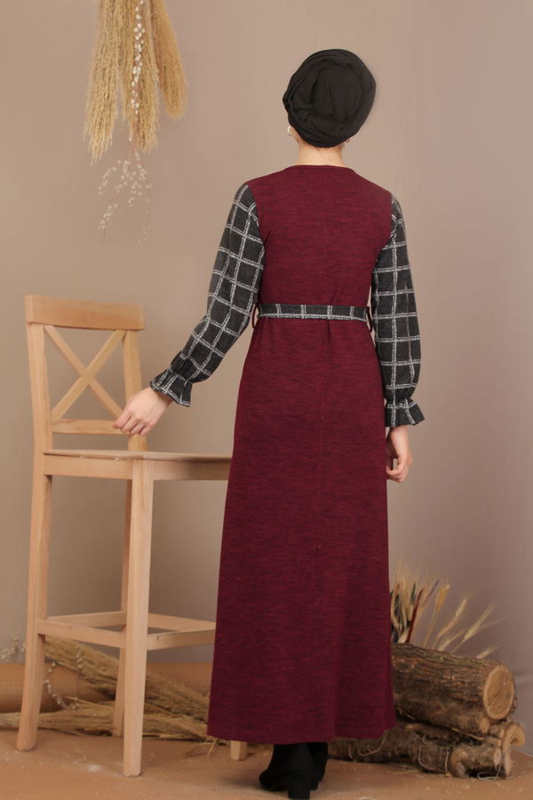 Kuşaklı Elbise Siyah  Bordo - 7905 BORDO