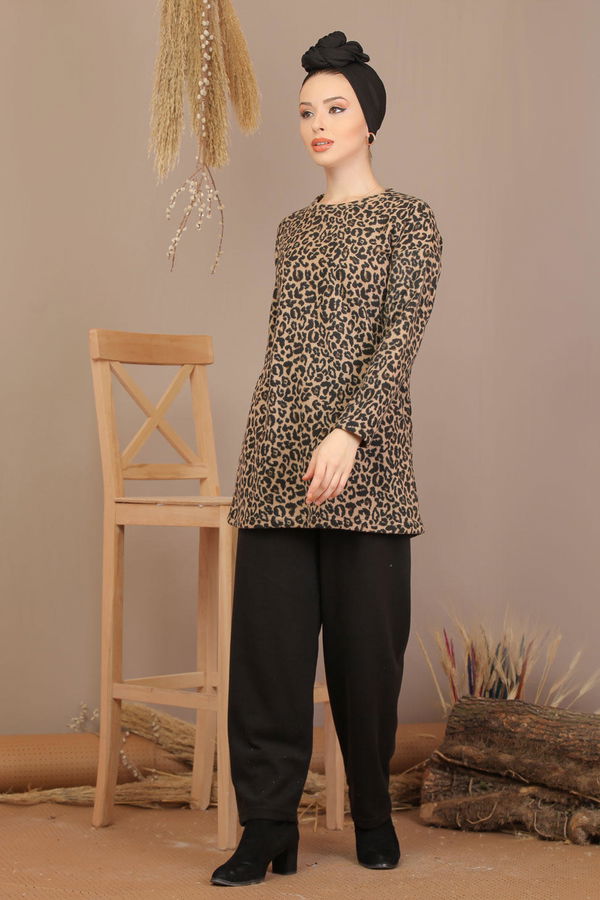 Leopar Desen Tunik Pantolon Leopar Siyah  Siyah - 7909 SİYAH