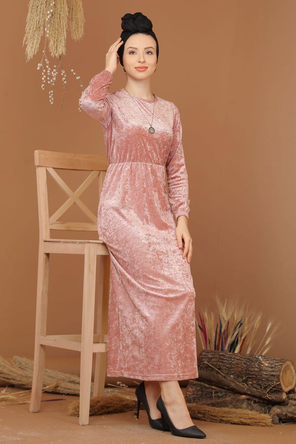Kadife Elbise Siyah  Pembe - 7949 PEMBE