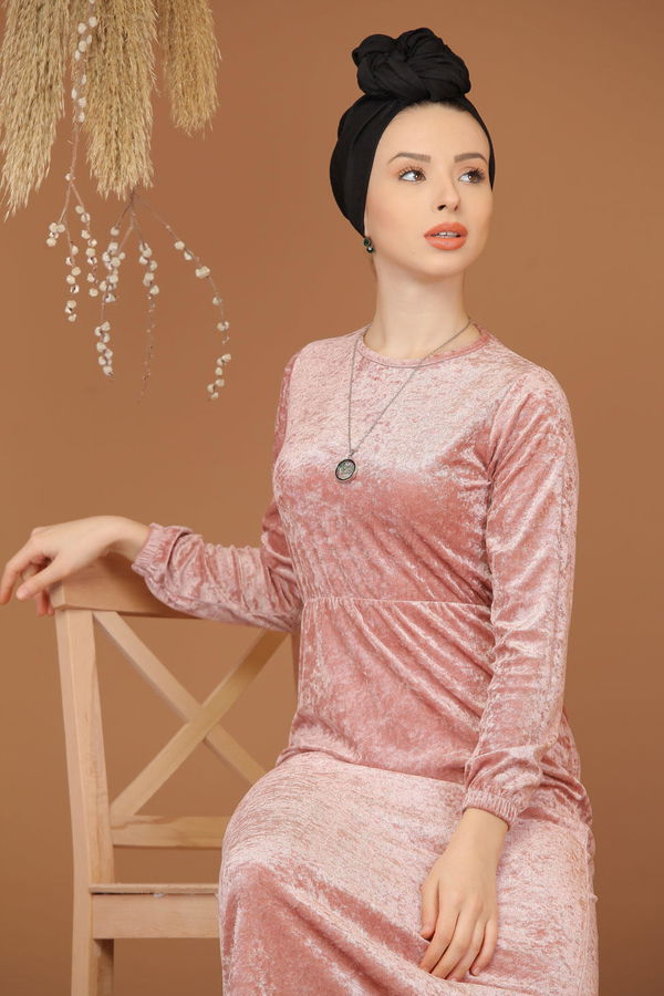 Kadife Elbise Siyah  Pembe - 7949 PEMBE