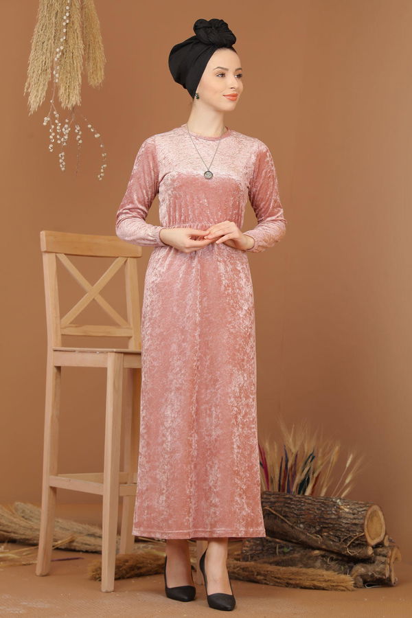 Kadife Elbise Siyah  Pembe - 7949 PEMBE