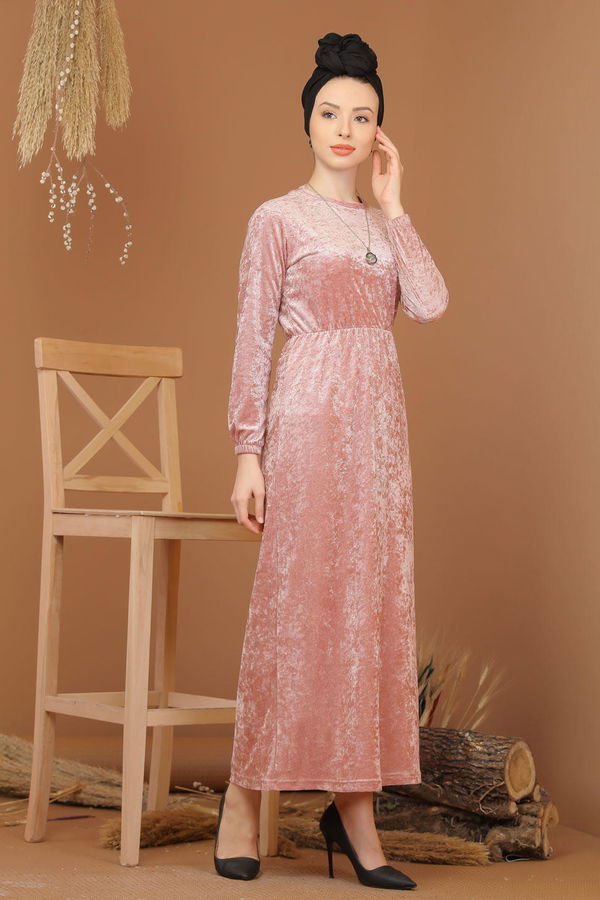 Kadife Elbise Siyah  Pembe - 7949 PEMBE