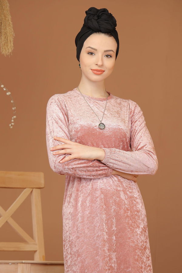 Kadife Elbise Siyah  Pembe - 7949 PEMBE