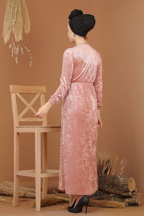 Kadife Elbise Siyah  Pembe - 7949 PEMBE