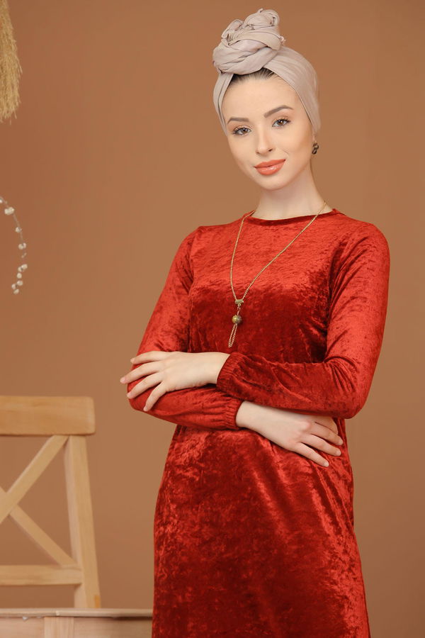 Kadife Elbise Siyah  Kiremit - 7949