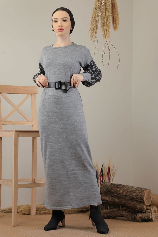 Triko Elbise Kemer Siyah Gri - 7954 GRİ