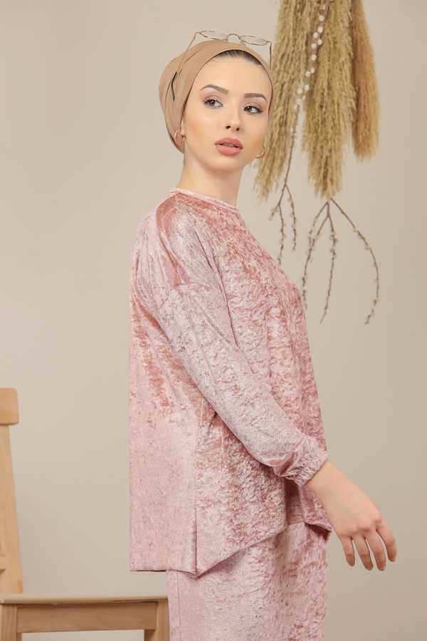 Kadife Tunik Etek Siyah Pembe - 7957