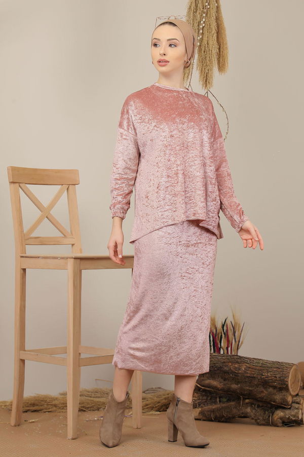 Kadife Tunik Etek Siyah Pembe - 7957
