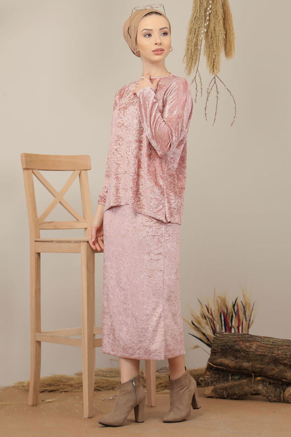 Kadife Tunik Etek Siyah Pembe - 7957