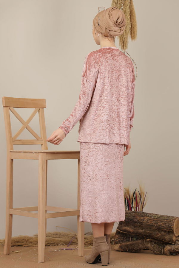 Kadife Tunik Etek Siyah Pembe - 7957