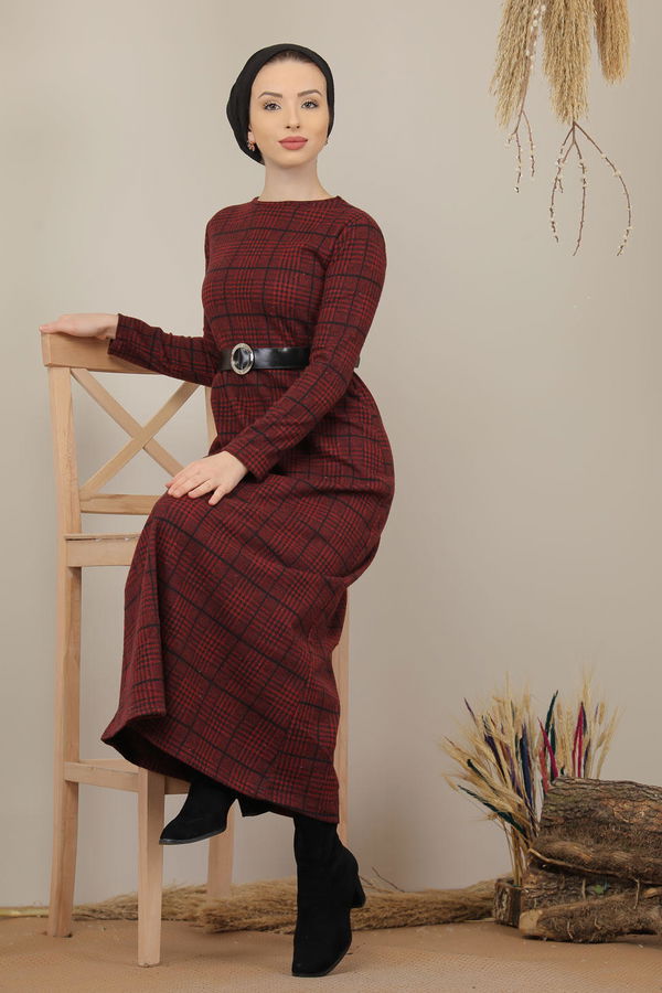 Ekose Elbise Balık Sırtı Haki  Bordo - 5195