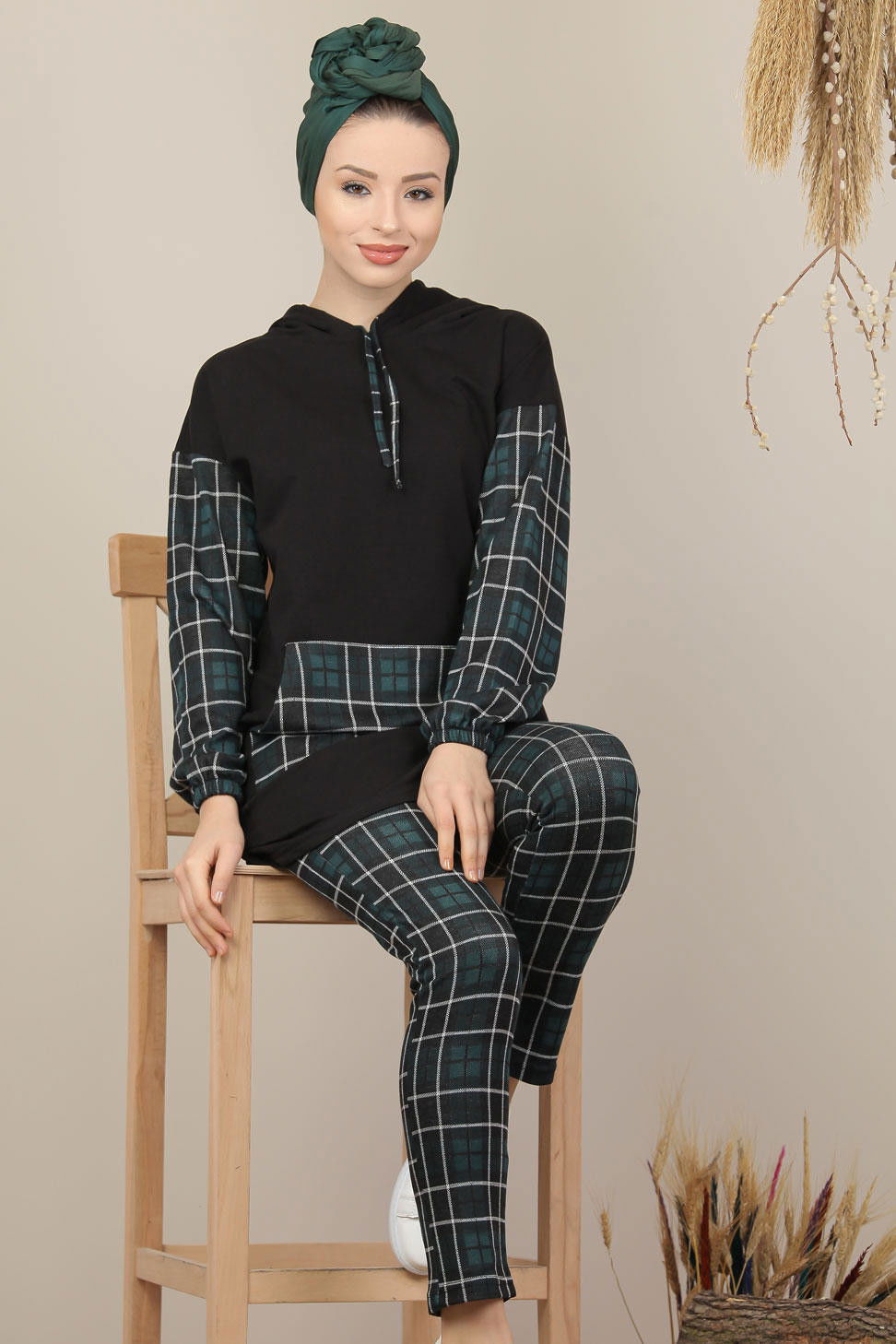 Ekose Tunik Pantolon Siyah Bordo  Yeşil - 7998 YEŞİL