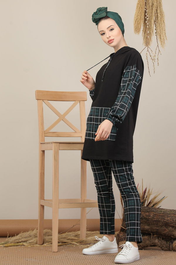 Ekose Tunik Pantolon Siyah Bordo  Yeşil - 7998 YEŞİL