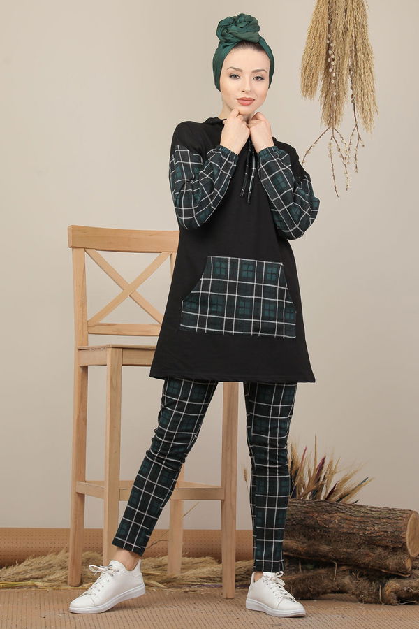 Ekose Tunik Pantolon Siyah Bordo  Yeşil - 7998 YEŞİL