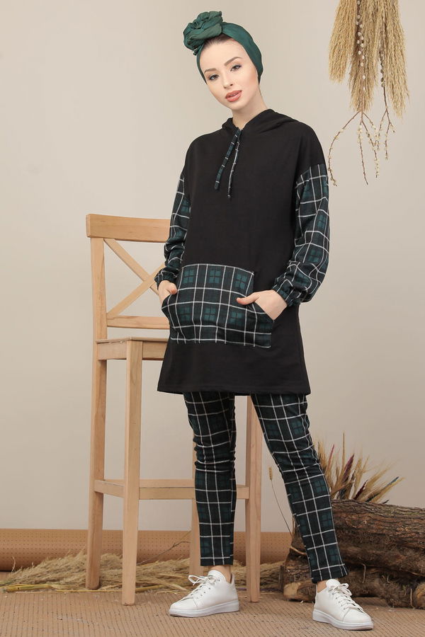 Ekose Tunik Pantolon Siyah Bordo  Yeşil - 7998 YEŞİL