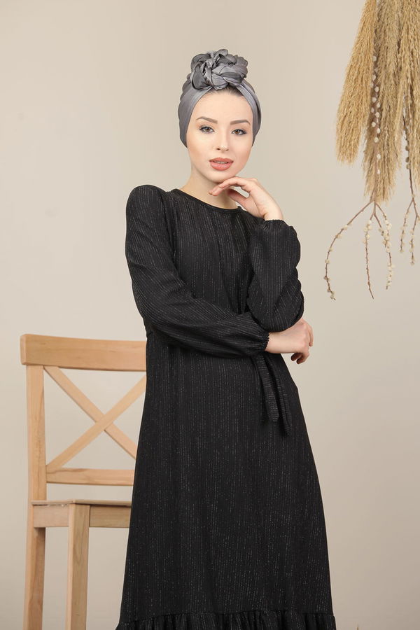 Kuşaklı Simli Elbise Siyah  Siyah - 8100 SİYAH