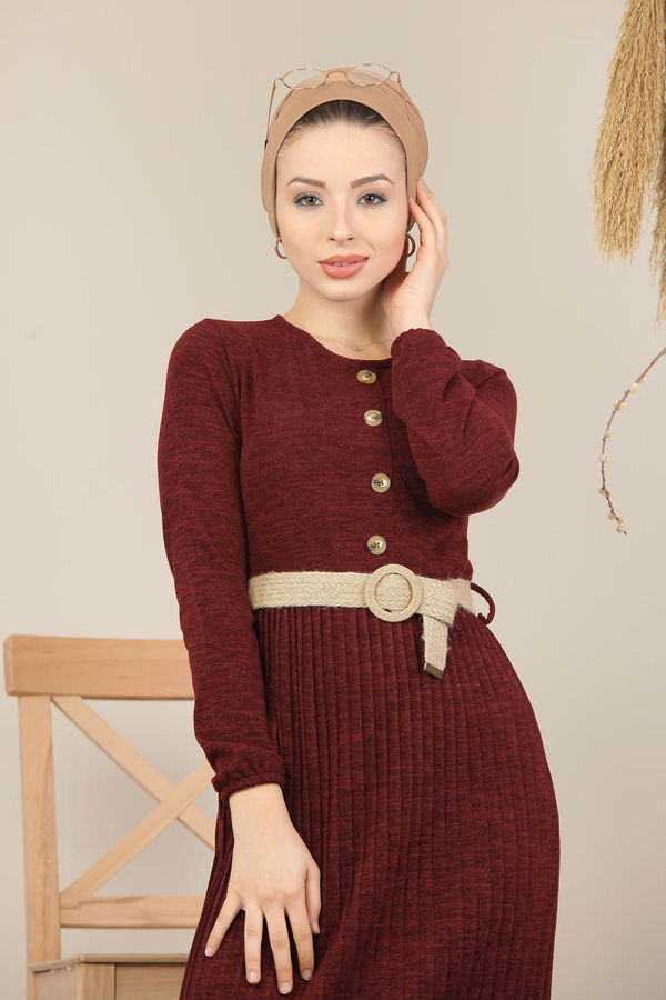 Pliseli Elbise Kemer Siyah  Bordo - 8110