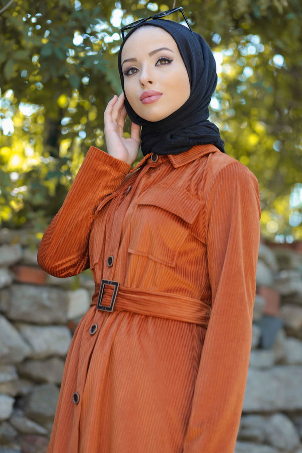 Kadife Tunik Pantolon Kemer Siyah  Kiremit - 1314 KİREMİT