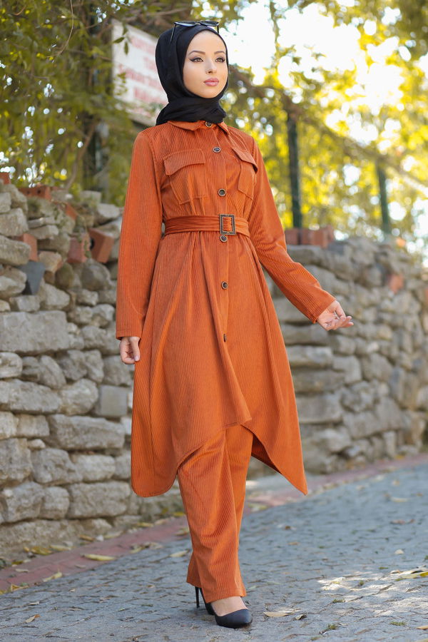 Kadife Tunik Pantolon Kemer Siyah  Kiremit - 1314 KİREMİT