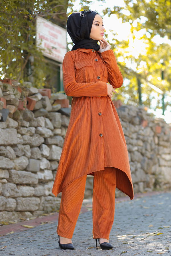 Kadife Tunik Pantolon Kemer Siyah  Kiremit - 1314 KİREMİT