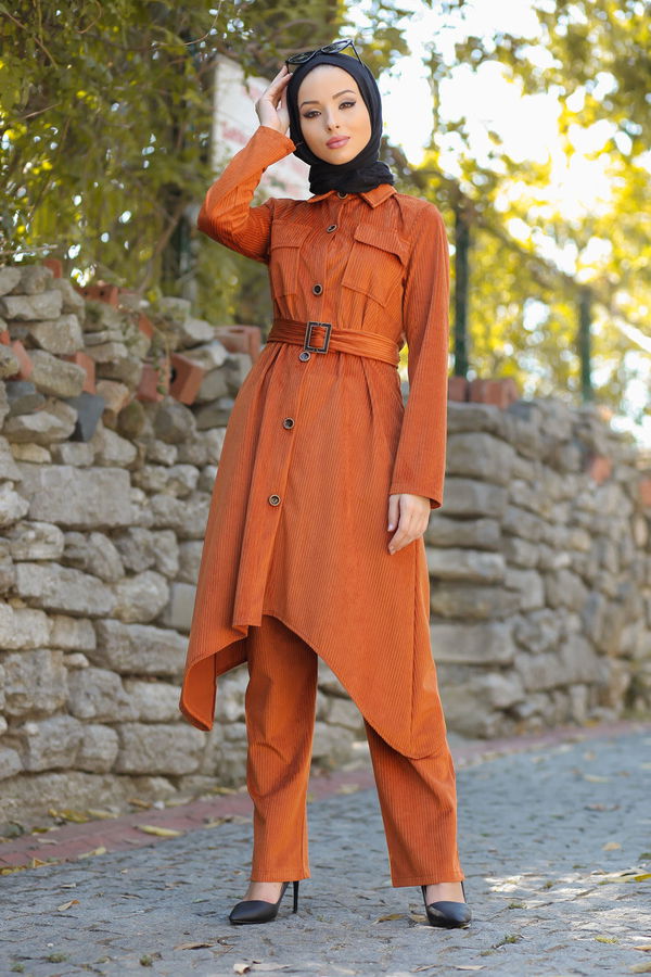 Kadife Tunik Pantolon Kemer Siyah  Kiremit - 1314 KİREMİT