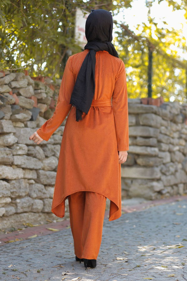 Kadife Tunik Pantolon Kemer Siyah  Kiremit - 1314 KİREMİT
