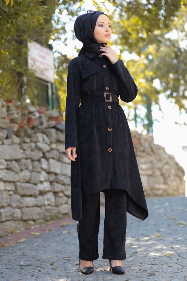 Kadife Tunik Pantolon Kemer Siyah  Siyah - 1314 SİYAH