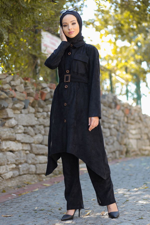 Kadife Tunik Pantolon Kemer Siyah  Siyah - 1314 SİYAH