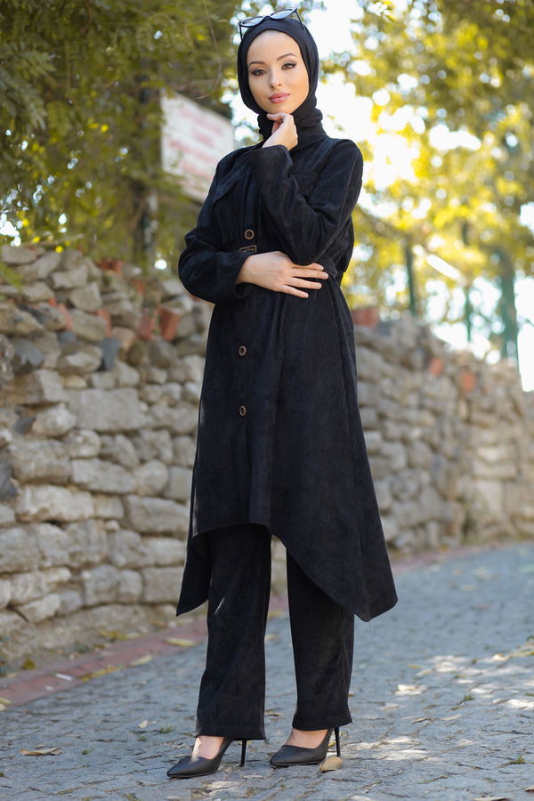 Kadife Tunik Pantolon Kemer Siyah  Siyah - 1314 SİYAH