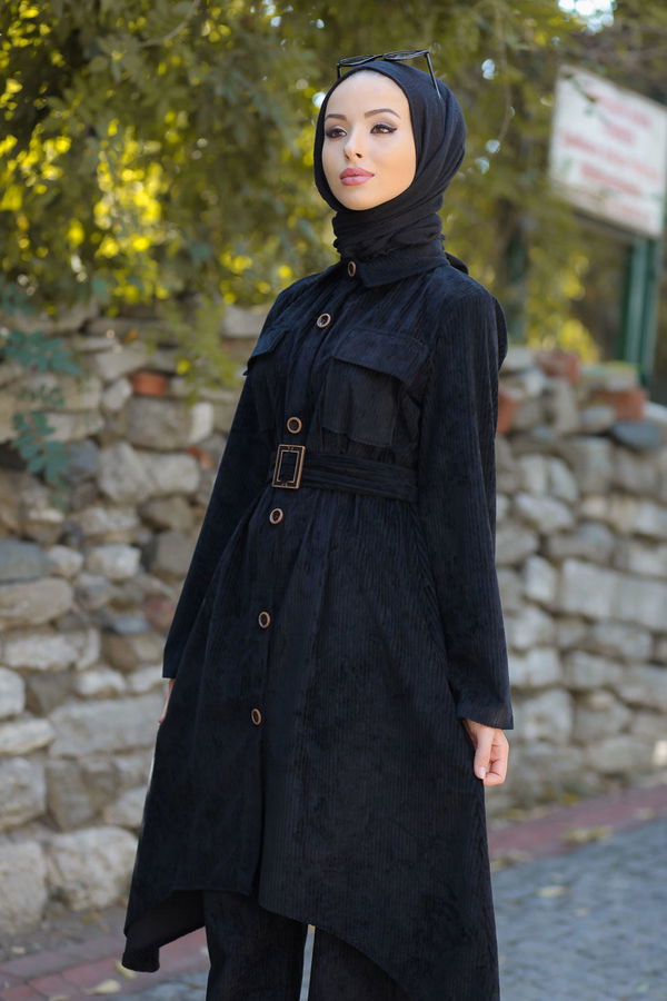 Kadife Tunik Pantolon Kemer Siyah  Siyah - 1314 SİYAH